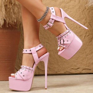 Women Metal Rivets <b>Platform</b> Sandals Peep Toe High Slim <b>Heels</b> Summer Shiny Belt Buckles <b>Ankle</b> <b>Strap</b> Shoes - Product Image 3