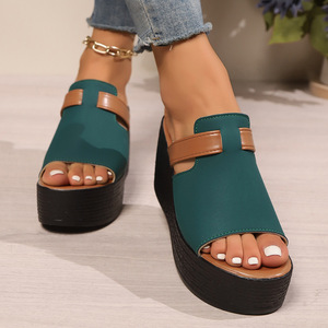 Sandales compensées à bout ouvert respirantes et amortissantes, couleur unie, style coréen, semelle épaisse, talon conique, semelle extérieure en caoutchouc, pour femmes, été - Product Image 3