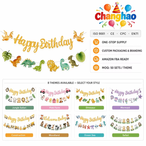Set di striscioni personalizzati a tema per feste: sirena, dinosauro, farfalla, animali della giungla, ghirlanda di bandierine, striscione di buon compleanno con personaggi - Product Image 1