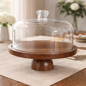 Vassoio in Legno per Torte con Coperchio a Cupola in Vetro, Resistente al Calore, Ecologico, Espositore Multifunzionale per Dessert/Donut - Product Image 2