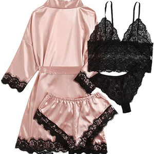 ZZ233 Ensemble de Nuisette pour <span class=keywords><strong>Femme</strong></span> 4 Pièces, Sexy, Rayé, en Satin et Dentelle, Lingerie, Pyjamas Shorts et Robes de Nuit - Product Image 4