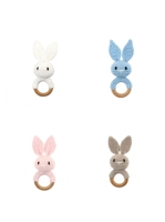 Boneka Rajutan Tangan untuk Hadiah Pesta Festival, Mainan Gigit Bayi dari Katun Organik dengan Cincin Kayu, Boneka Kelinci Rajut Buatan Tangan.
