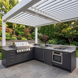 Set di Mobili da Cucina Esterni a L in Acciaio Inox Hyrley Personalizzato, Colore Antracite, con Barbecue a Gas, Lavello, <span class=keywords><strong>Piano</strong></span> <span class=keywords><strong>Cottura</strong></span> e <span class=keywords><strong>Forno</strong></span> per Giardino - Product Image 1