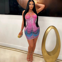 CY900963 Robe sans manches pour femme, effet ombré, imprimé arc-en-ciel, style streetwear, moulante en maille, pour club et occasions décontractées, avec strass