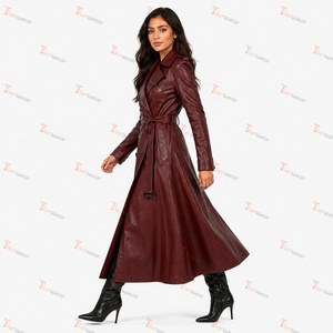 TiIerwear Women's Faux <b>Leather</b> Maxi <b>Trench</b> <b>Coat</b> Double Breasted Notched Collar Full Sleeve Elegant Autumn Outerwear - Product Image 4