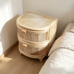 Table <span class=keywords><strong>de</strong></span> chevet ronde en rotin naturel à 2 tiroirs, tressée, style bohème méditerranéen, pour Israël - Product Image 3