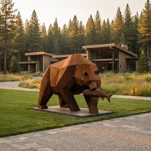 Grande Scultura Orso <span class=keywords><strong>Grizzly</strong></span> in Acciaio Corten, Orso Geometrico Low Poly con Statua di Pesce, Decorazione da Giardino Esterno, Arte in Metallo Arrugginito per Prato - Product Image 4