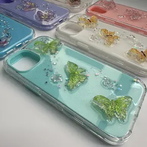 Düz renk üçü bir arada tutkal + aksesuarlar 3 kelebekler cep telefonu iPhone için kılıf Samsung Xiaomi 2718 için