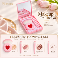 YANJIE Ensemble de 4 pinceaux de maquillage portables avec étui miroir rose, pinceaux pour le blush et les yeux, trousse de cosmétiques de voyage