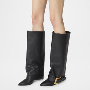 Thin High Heel Pointed Toe Overlay Denim Shoes Dress Metal Buckle Pants <b>Boots</b> Women's Folded Over Knee High Leopard Booties - Product Image 1