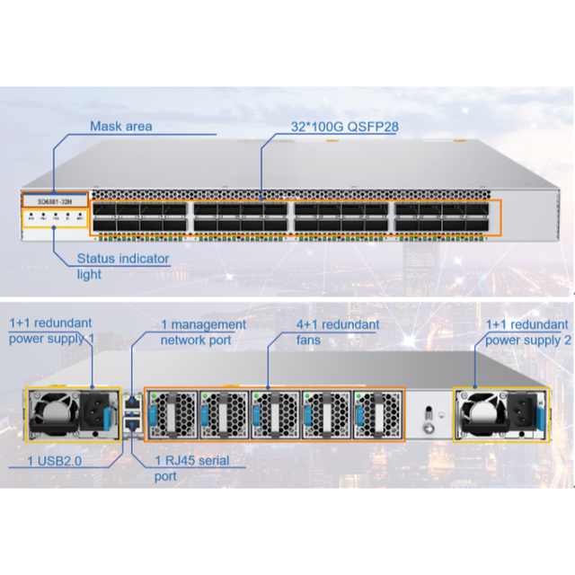 6.4Tbps 32-Port 100G QSFP28 Ethernet White Box Data Center Switch SD6881-32H with VLAN QOS & SNMP Management