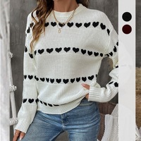 Pull en tricot à motif cœur pour femme, col rond, manches longues, pull ample, haut en tricot décontracté pour tous les jours, automne-hiver
