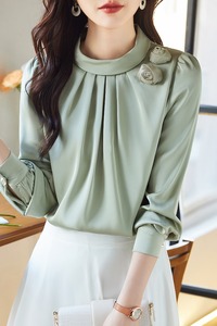 8696 # Blouses De bureau élégantes pour femmes à manches longues <span class=keywords><strong>chemisier</strong></span> En Satin <span class=keywords><strong>vert</strong></span> chemise Blusas Mujer De Moda - Product Image 2