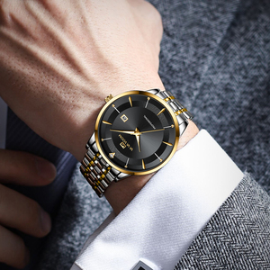 นาฬิกาข้อมือผู้ชายทันสมัย สีทองเงิน หน้าปัดดำเรียบง่าย สายสแตนเลส - Product Image 6