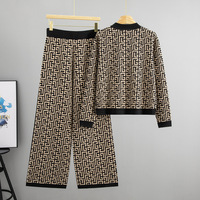 Ensemble deux pièces pour femme, cardigan ample en tricot anti-rides à motifs géométriques, tendance automne-hiver + pantalon large décontracté