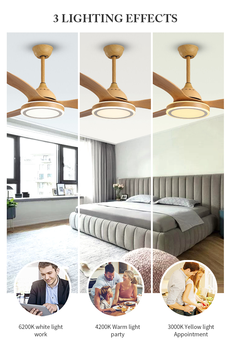 Breezelux Wood color ABS blades DC decorative living room ceiling fan with LED light