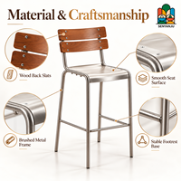 Tabouret de bar moderne en métal avec dossier en lattes de bois, structure tubulaire en acier, repose-pieds, hauteur de comptoir, tabouret de bar de cuisine