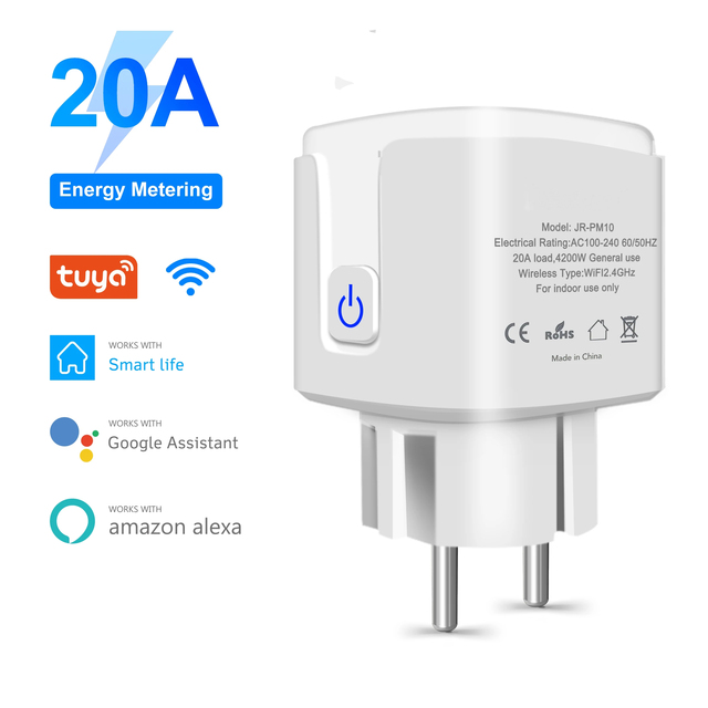 20A 220V Wireless Wifi Smart Power Plug Energy Monitor Tuya EU Mini Wireless Wifi Smart Plug Socket With Alexa Google Home Voice