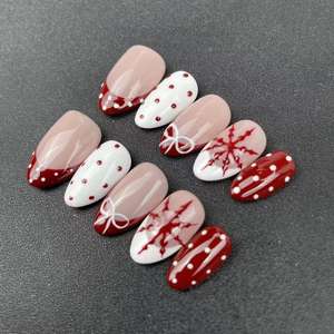 <span class=keywords><strong>Uñas</strong></span> Postizas de Alta Calidad Hechas a Mano, Forma Almendrada, Diseño Navideño con Lunares, Estilo Francés, Reutilizables, Venta al por Mayor de Fábrica - Product Image 1