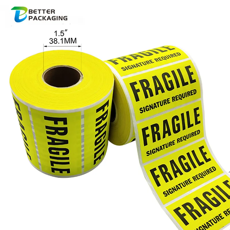 Waterdichte Voorzichtigheid Geel Fluorescerende Verzending Label Steenlaminering Papier Lijm Waarschuwing Breekbare Sticker Roll Voor Dozen