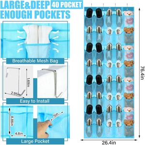 Organisateur de chaussures à suspendre sur la porte, 40 poches, en maille bleu ciel, pour rangement dans le placard, léger, type crochet - Product Image 3