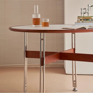 Mesa de Comedor Redonda de Madera Maciza con Patas de Acero Inoxidable, Estilo Moderno de Mediados de Siglo, para Apartamentos Pequeños, Estructura Estable con Marco de Caja - Product Image 2