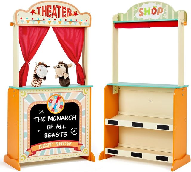 Deluxe Wooden Doll Theater Toy with 2 Hand Puppets-Educational Puppet Theatre for Kids Role Play & Simulation Stall Shop Toy