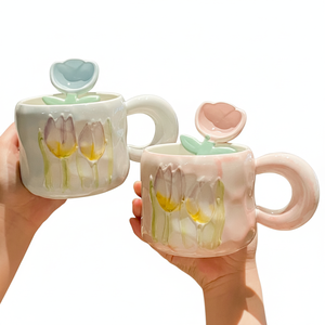 Mug à café en céramique luxueux et isolé, logo personnalisé, design de tulipe de dessin animé, écologique, passe au lave-vaisselle, cadeaux d'affaires, bureau - Product Image 1