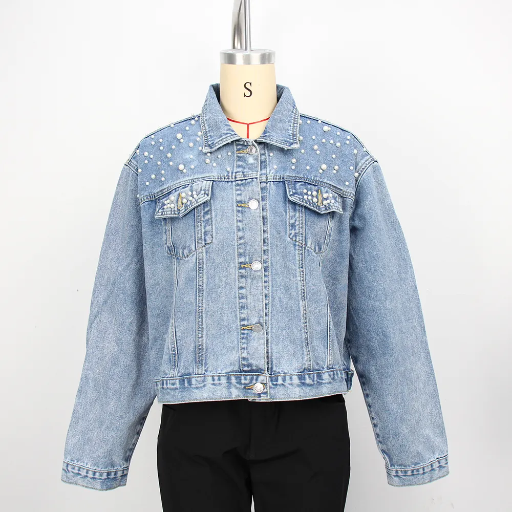 Shinesia 2023 Novo Atacado Roupas Femininas Jaqueta Personalizada Denim Jaqueta De Algodão Colheita Raw Edge Botão Pérola Casaco de Inverno Tecido