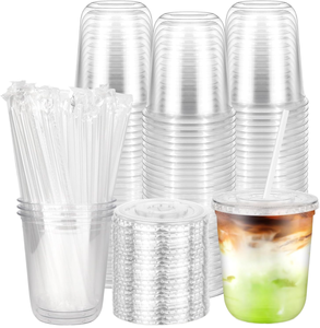 100PCS 12 oz Disposable <b>Plastic</b> <b>Cups</b> Leak-Proof Bottom Flat Lids Clear Straws Sturdy for Iced Coffee Juice Bars Takeout Office - Product Image 1
