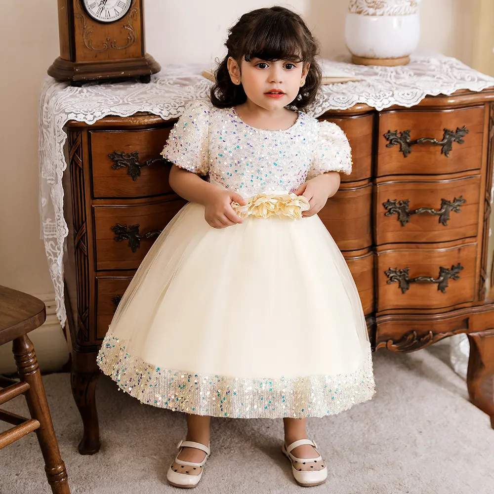 Party Toddler short sleeve Dress Polyester Tulle Flower Birthday Cute Kids Girl Stylish Dress With Three-Dimensional Flowers