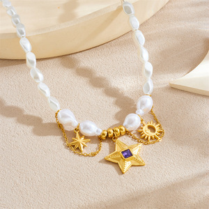 European American Sweet Cool Girl Star Necklace Imitation Pearl Gold Plated Purple Stone Party Fashion Jewelry - Product Image 2