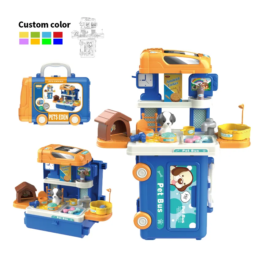 Leemook Pretend Play Children's Toys 3 In 1 Bus Pet Care Beauty Play House Toys Sets