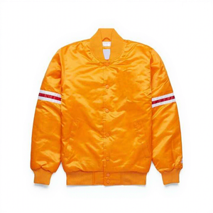 Chaqueta Universitaria Unisex Naranja con Rayas Rojas y Blancas en las Mangas, Cierre de Botones, Cuello Alto, Corte Regular, Talla Adulto, 100% Poliéster - Product Image 1
