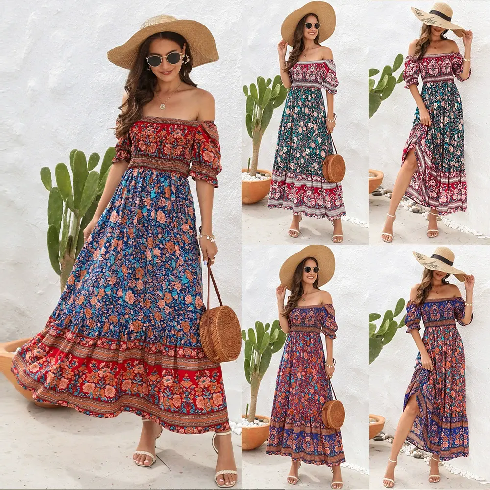 A315 Summer Boho Floral Print Dress High Waist Ladies Long Maxi Beach Dresses Natural Bohemian Style Short Sleeve Casual Women