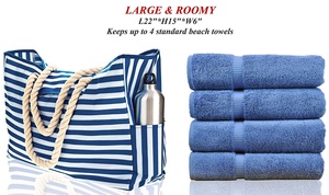 Femmes 100% coton bleu rayé <span class=keywords><strong>XXL</strong></span> imperméable plage fourre-tout sac à provisions haut aimant fermoir bandoulière corde poignées pour voyage - Product Image 2