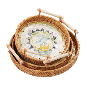 Eco-friendly Decorative Round Mother of Pearl and Rattan Handmade Serving & Storage Tray with <b>Handle</b> From Vietnam - Product Image 1