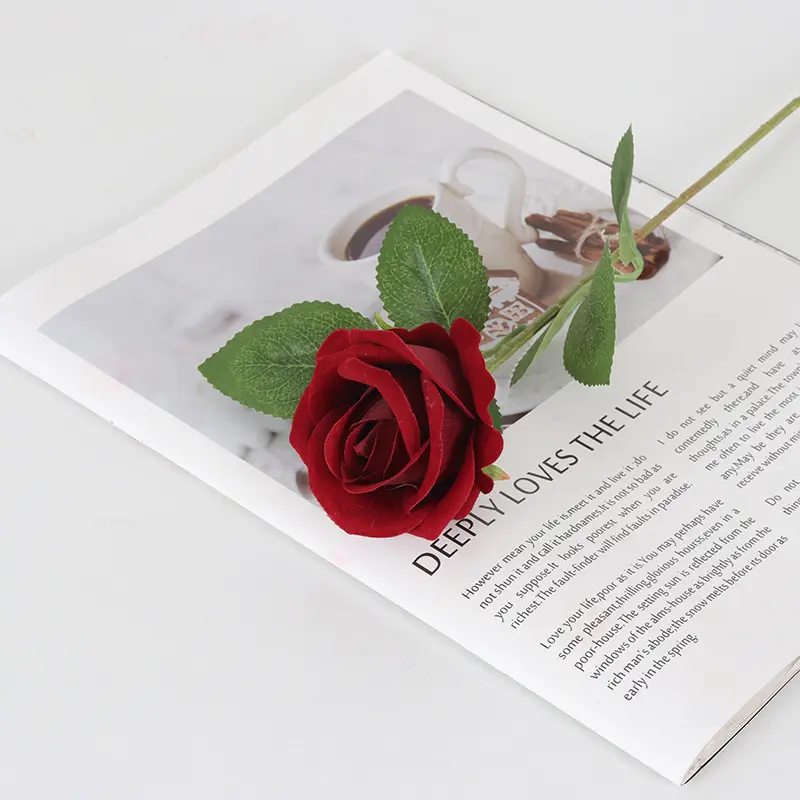 Hot Sale Decorative Long Stem Red Roses Single Velvet Artificial Flowers Bulk Wedding arrangement centerpiece