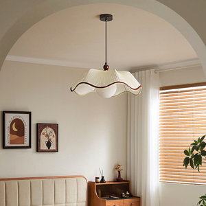 Lustre suspendu en <span class=keywords><strong>tissu</strong></span> plissé festonné avec bordure tressée et <span class=keywords><strong>boule</strong></span> en bois, style rétro crème, pour cuisine et chambre - Product Image 5