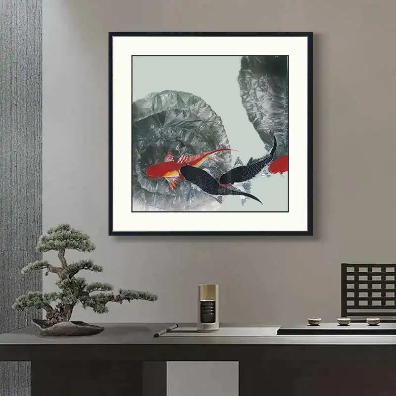 JZ家の装飾高級抽象ミックスメディアアートワーク3Dフレーム高級エナメル鯉壁アート強化ガラス魚の絵