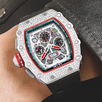 Nouvelle montre pour homme en or rose tonneau, marque de luxe célèbre, quartz analogique chronographe, grand cadran en diamant, bracelet en caoutchouc RM11