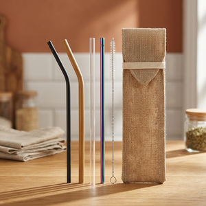 Reusable Metal <b>Drinking</b> <b>Straws</b> Set with Cleaning Brush and Mesh Pouch 5-Pack Minimalist Travel Design - Product Image 3