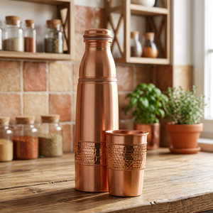 Copper Water <b>Bottle</b> With Hammered Band Portable Travel Thermos <b>Vintage</b> Design - Product Image 1