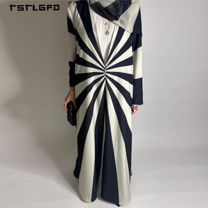 Women Black White Sunburst Stripe Open Abaya Lapel Collar Long Sleeve Modest Muslim Fashion Commuter Casual Maxi Kimono Dress - Product Image 5
