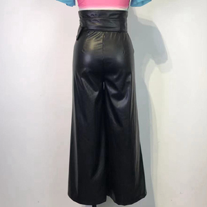 2022 elegante giallo nero con cintura a vita alta <span class=keywords><strong>pantaloni</strong></span> <span class=keywords><strong>in</strong></span> ecopelle a gambe larghe da donna - Product Image 5