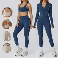 Ensemble de fitness 3 pièces personnalisé de haute qualité avec surpiqûres contrastées, comprenant un legging de sport, un soutien-gorge de sport et une veste, pour femme, idéal pour l'entraînement et le yoga