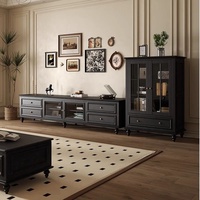 Meuble TV 3 pièces en bois anthracite avec vitrines en verre, tiroirs de rangement et pieds en forme de boule, console multimédia pour salon, meuble bas