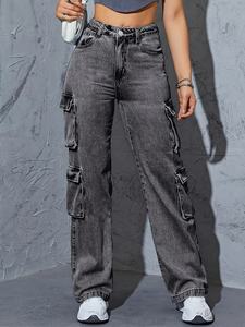 Jean en denim taille haute pour femme, coupe large, style boyfriend, pantalon cargo ample avec poches, style gothique, décontracté pour l'hiver - Product Image 5