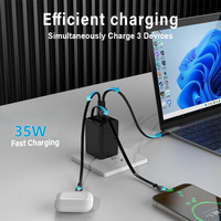 Chargeur mural rapide USB-C GaN 35W TKT avec câble intégré et port USB-A, adaptateur d'alimentation pour téléphone portable et ordinateur portable, certifié CE RoHS, chargeur en vrac