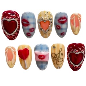 Faux ongles à presser faits main pour la Saint-Valentin, motif cœur rouge et empreinte de lèvres avec strass, design mignon chaussure de ballet et sucette, en acrylique - Product Image 5